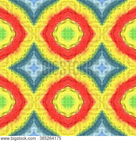 Arab Pattern. Yellow, Red, Green Seamless Texture. Abstract Ikat Print. Seamless Tie Dye Ornament. I