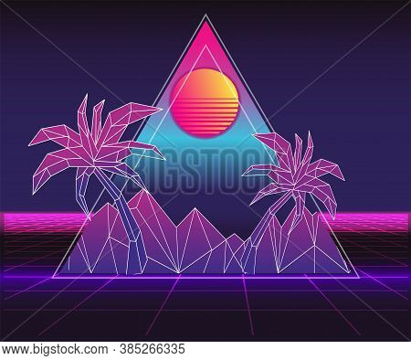 Retro Future, Slogan Give Me Back 80's, Futuristic Landscape, Mountains. Sci-fi Background. 80S Part
