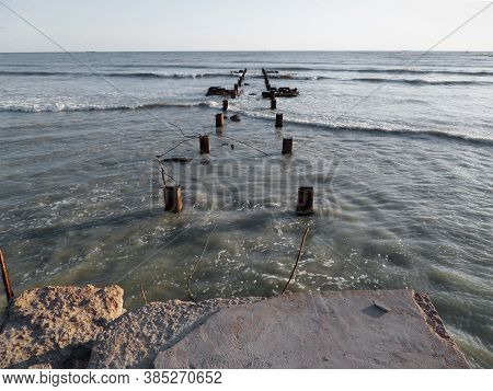 Old Concrete Pier Caspian Sea. Kazakhstan. Aktau. 22 September 2019 Year.