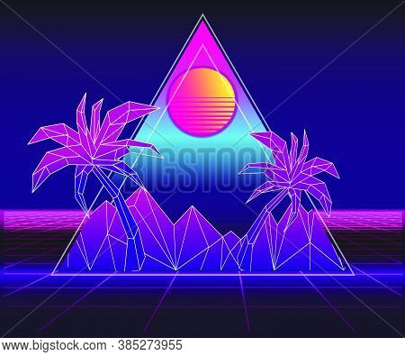 Retro Future, Slogan Give Me Back 80's, Futuristic Landscape, Mountains. Sci-fi Background. 80S Part
