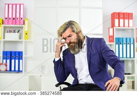 Stressful Life. Business Man Suffer Headache. Businessman Feel Pain Headache. Experience Frequent He