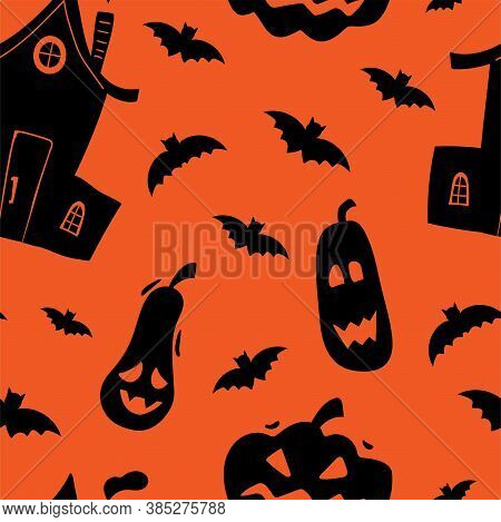 Halloween Silhouettes Seamless Pattern. Horror Holiday Pumpkins, Bat And Magic Witch Hause Black Doo