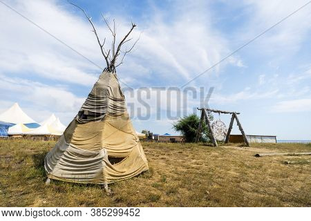 Big Shaman Tambourine And Yurt On The Lake. Attractions On City Street Yarovoe. Altai Territory, Tra