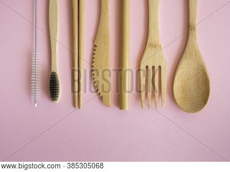 Eco Friendly Bamboo Cutlery Set In A Case On A Pink Background. Zero Waste Concept. Set Of Bamboo Cu