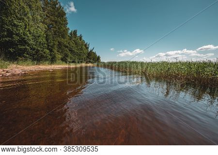 Vuoksa River Near Imatra In The Leningrad Region, Russia. Coastline With Pine Forest Reflected In Vu
