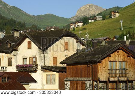 Mountain Landscape At Summer From The Village Of Arabba, Dolomites, Belluno Province, Veneto, Italy.