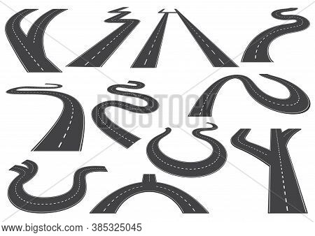 Bending Roads, High Ways Or Roadways. Collection Of Winding Road Design Elements With White Markings