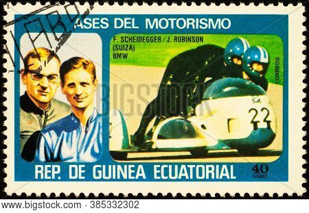 Moscow, Russia - September 14, 2020: Stamp Printed In Equatorial Guinea Shows Swiss Sidecar Racers F