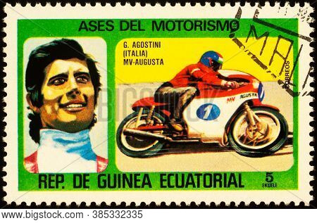 Moscow, Russia - September 14, 2020: Stamp Printed In Equatorial Guinea Shows Italian Motorcycle Roa