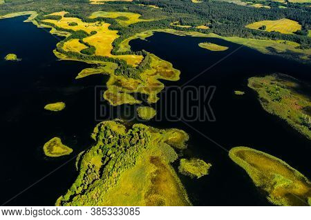 Top View Of The Snudy And Strusto Lakes In The Braslav Lakes National Park, The Most Beautiful Lakes