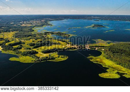 Top View Of The Snudy And Strusto Lakes In The Braslav Lakes National Park, The Most Beautiful Lakes