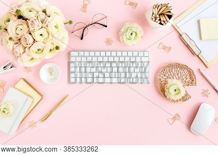 Stylized, Pink Womens Home Office Desk. Workspace With Computer, Bouquet Ranunculus And Roses, Clipb