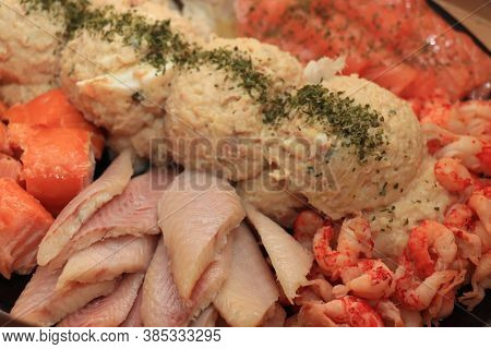 Serving Plate With Fresh Luxurious Seafood And Sauce