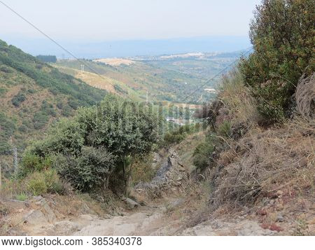 Camino De Santiago Path Going On Natural Slate Stones In Montes De Leon - Leon Mountains - Near El A