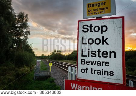 Canterbury, Kent, England - September 11 2020: Stop, Look, Listen, Beware, Danger - Railway Crossing