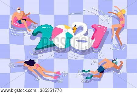 2021 Banner Template. Open-air Swimming Pool Party Bunner. People Swimming, Diving And Having Fun At