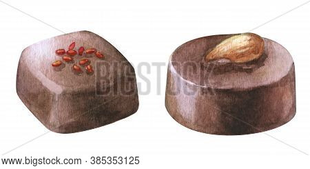 Watercolor Hand Painted Chocolate Candies. Set Sweet Desert With Almond Nut, Oval, Square Sweets Wit