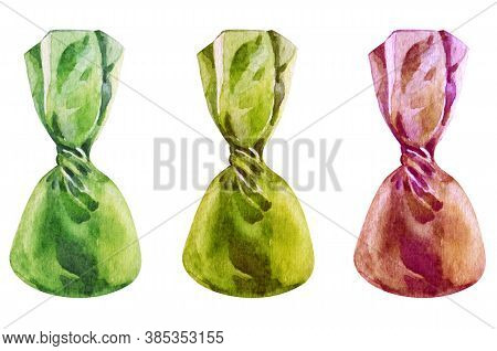 Watercolor Hand Painted Chocolate Candies. Set Sweet Desert With Green, Yellow, Pink Wrapper Isolate