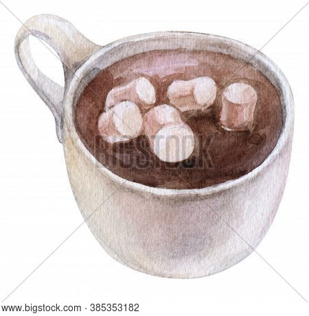Watercolor Hand Painted Delicious Hot Chocolate With Marshmallows In A White Cup Isolated On White F