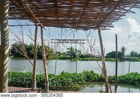 Nakornpathom / Thailand - September 5 2020: Floating Raft Along The River At Tree & Tide Cafe