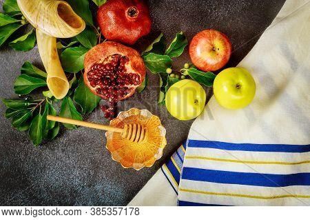 Jewish Prayer Talit With Traditional Food And Horn For Rosh Hashanah.