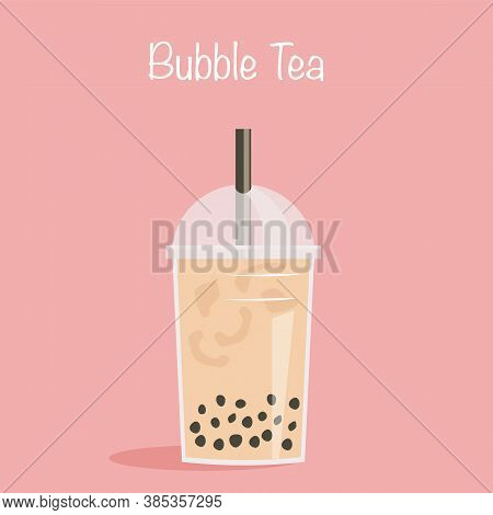 Take Away Glass Of Pearl Milk Tea With Straw. A Cup Of Famous Taiwanese Bubble Tea On Pink Backgroun