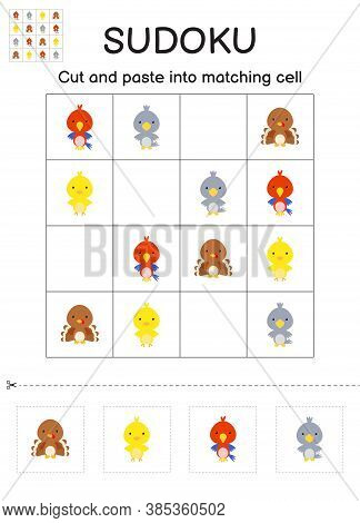 Sudoku Game For Children With Pictures. Kids Activity Sheet. Matching Game For Children With Cute Ca