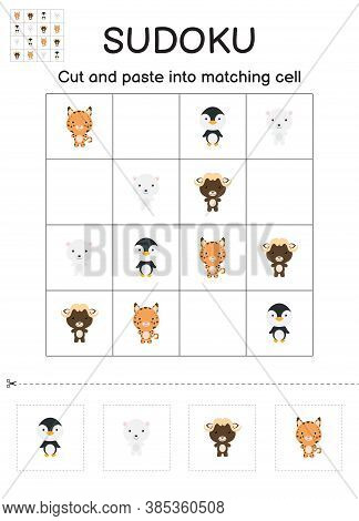 Sudoku Game For Children With Pictures. Kids Activity Sheet. Matching Game For Children With Cute Ca
