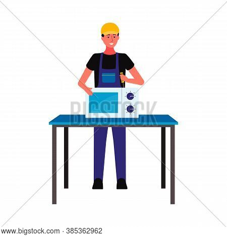 Repairman Or Serviceman Repairing Oven Flat Vector Illustration Isolated.