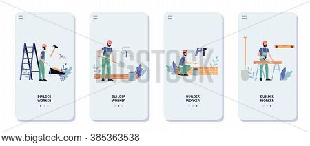 Set Of Mobile Pages For Construction Works With Builder Flat Vector Illustration.