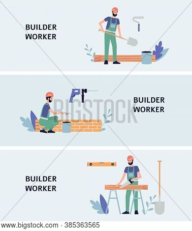 Banners Or Flyers Set For Builder Worker Services Flat Vector Illustration.