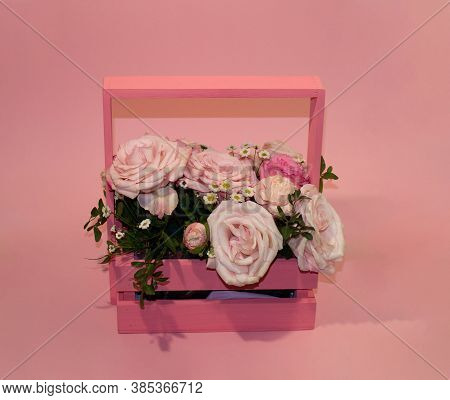 Postcard Template, Copy Speys- Pink Roses In A Basket On A Pink Background