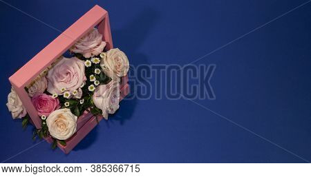 Postcard Template, Copy Speys- Pink Roses In A Basket On A Blue Background