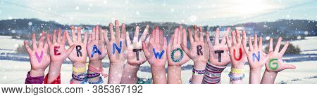 Children Hands Building Verantwortung Means Resposibility, Winter Background
