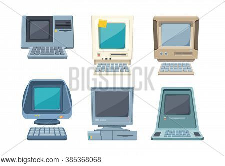 Retro Computers Set. Old Electronic Pc Various Shapes Layouts Information Gadgets With Builtin Case 