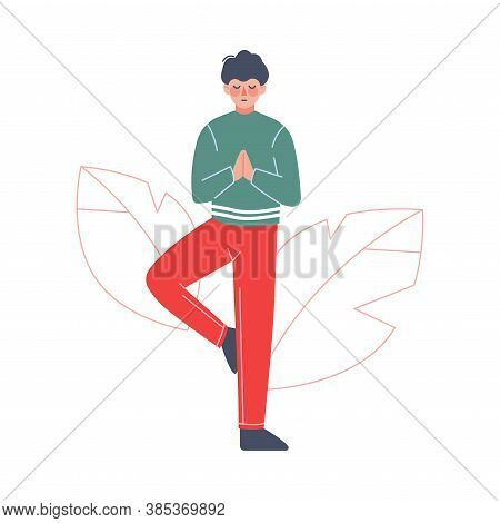 Young Man Meditating To Calm Down Stressful Emotion, Person Relaxing, Reducing And Managing Stress C
