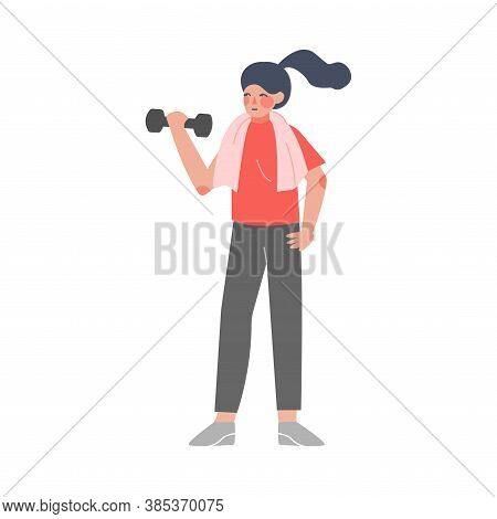 Girl Exercising With Dumbbells To Calm Down Stressful Emotion, Person Relaxing, Reducing And Managin