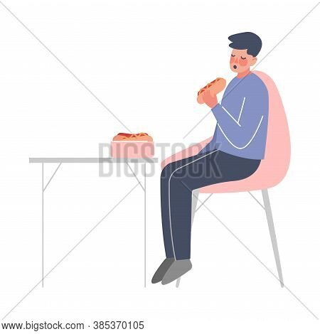Man Eating Fast Food To Calm Down Stressful Emotion, Person Relaxing, Reducing And Managing Stress C