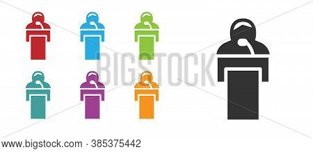 Black Gives Lecture Icon Isolated On White Background. Stand Near Podium. Speak Into Microphone. The
