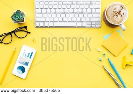 Top View Of Office Desk Table With Modern Accessories,supplies On Color Background.flat Lay Design.b