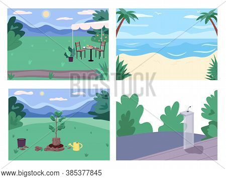 Public Places Flat Color Vector Illustration Set. Sandy Beach And Sea. Parks And Recreation Areas. P