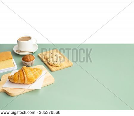 Set Of Breakfast Food Or Bakery And Coffee On Table Kitchen Background.cooking And Eating With Healt