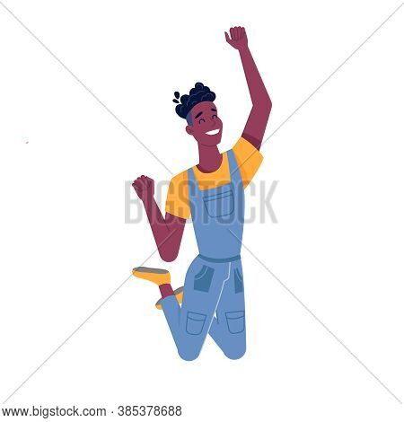 Man Or Black Boy Jumping With Happy Smile, Vector African American Guy Isolated Flat Cartoon. Young 