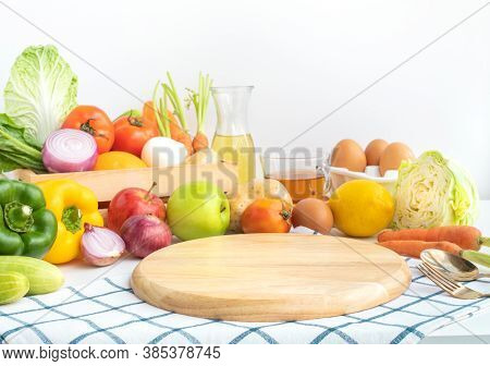Set Of Variety Vegetable With Copy Space Of Chopping Board On Kitchen Counter Bar.healthy Eating Wit