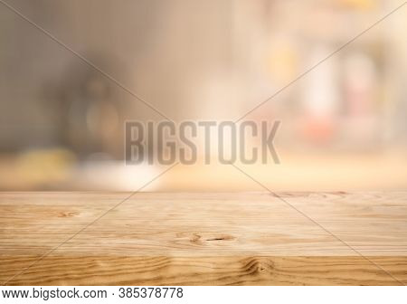 Wood Texture Table Top  And Blur Counter Bar Background.for Montage Product Display Or Design Key Vi