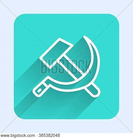 White Line Hammer And Sickle Ussr Icon Isolated With Long Shadow. Symbol Soviet Union. Green Square 
