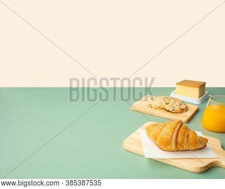 Set Of Breakfast Food Or Bakery,cake On Table Pastel Color Background.cooking And Eating With Health