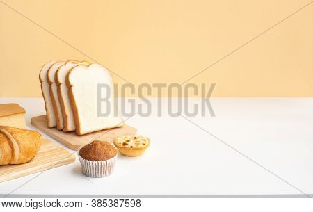Set Of Breakfast Food Or Bakery,cake On Table Kitchen Background.cooking And Eating With Healthy Lif