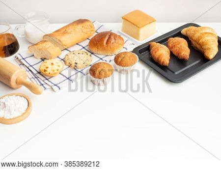 Set Of Breakfast Food Or Bakery,cake On Table Kitchen Background.cooking And Eating With Healthy Lif