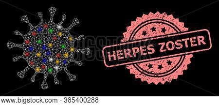 Bright Mesh Web Microbe With Glowing Spots, And Herpes Zoster Scratched Rosette Stamp Seal. Illumina